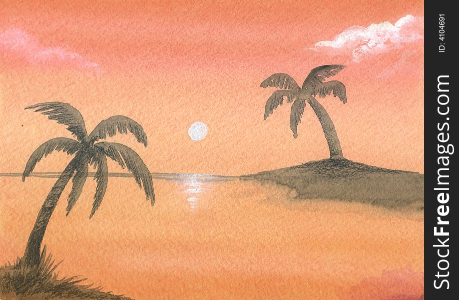 A hand-painted watercolor. Orange sunset with palms over the sea. A hand-painted watercolor. Orange sunset with palms over the sea.