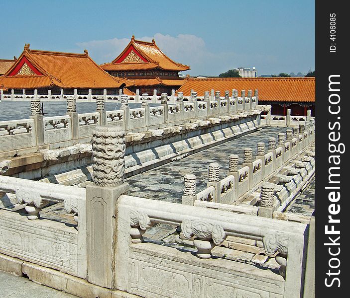 Stone balusters and buildings in Beijing Imperial Palace