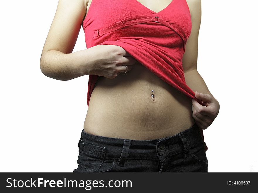 A girl in a red vest with a navel piercing. A girl in a red vest with a navel piercing.