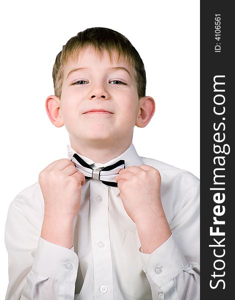 The boy in a business suit, on a white background
