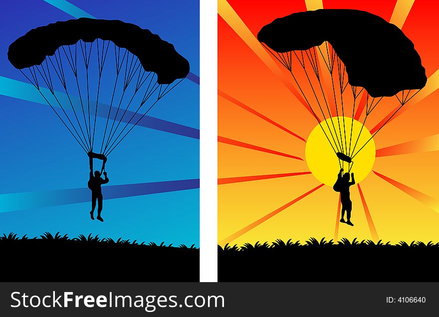 Illustration of parachutists on sunset