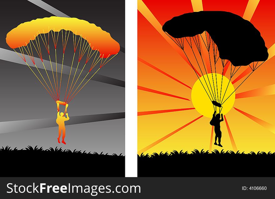Illustration of parachutists on sunset