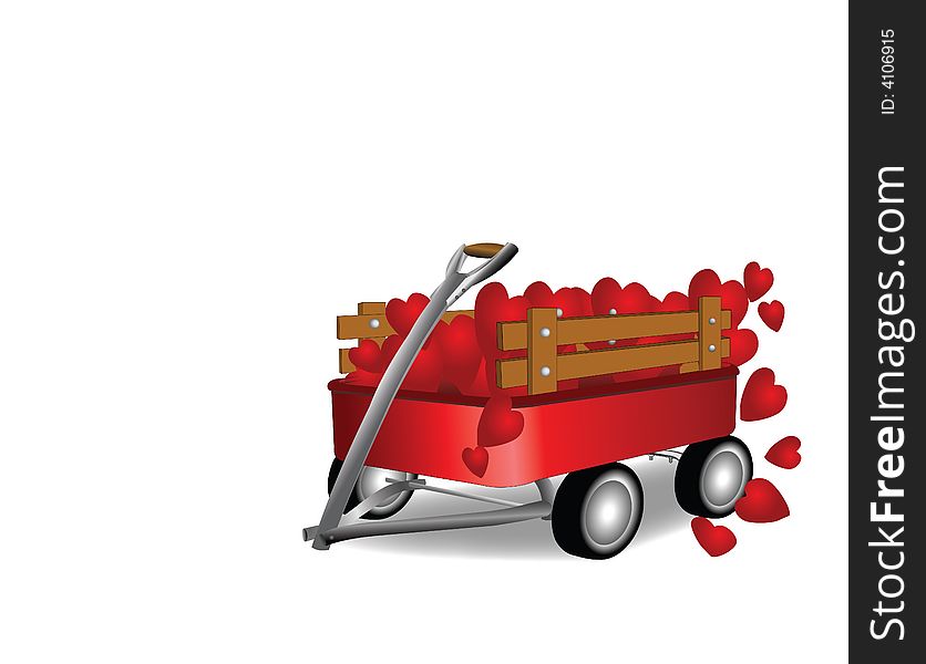 Red childs wagon filled with valentine hearts over white. Red childs wagon filled with valentine hearts over white