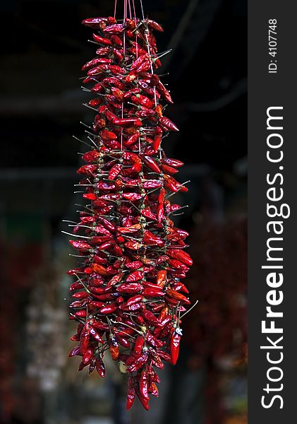 A large bunch of red chillies hanging in a market. A large bunch of red chillies hanging in a market