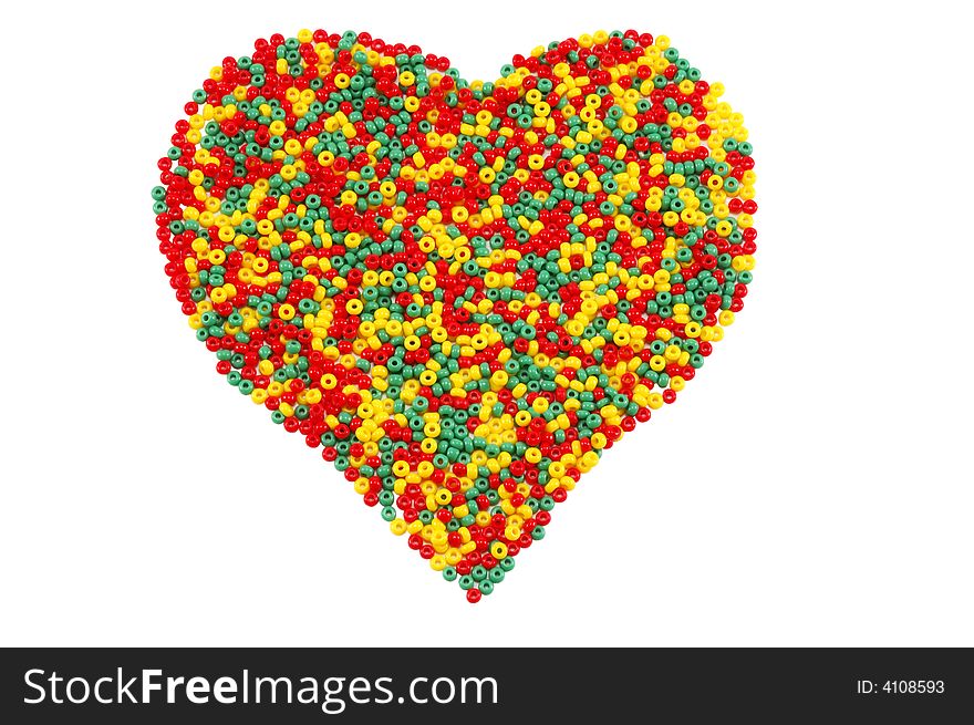 Color heart shape created with bead,  isolated on white.