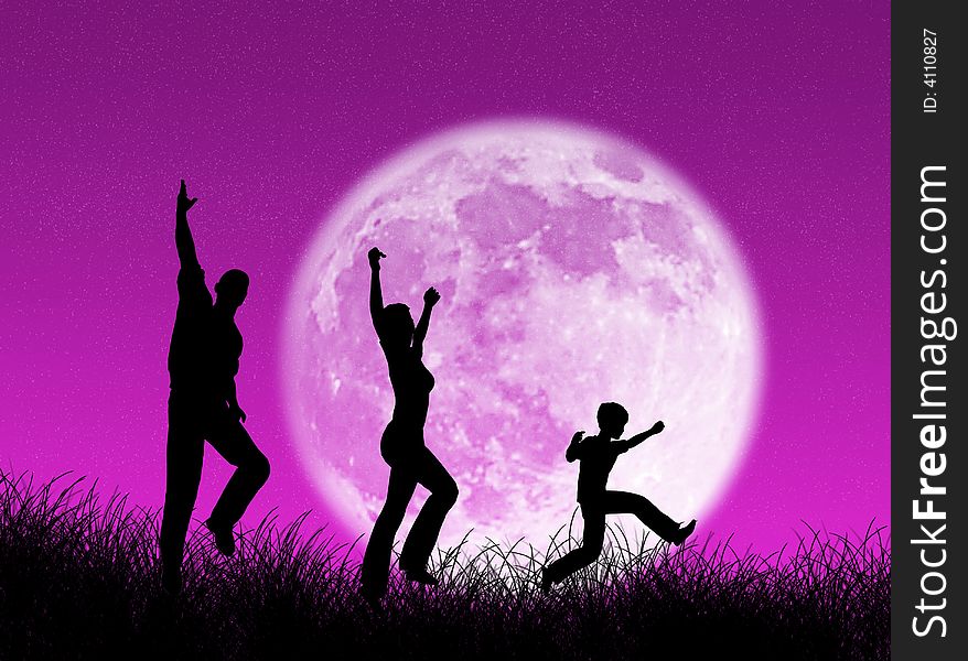 Happy family running and jumping in the moon. Happy family running and jumping in the moon