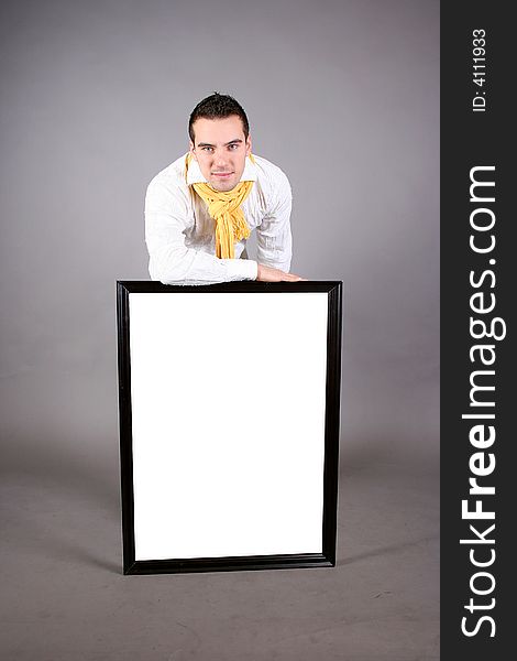 Cute guy with white billboard. Cute guy with white billboard