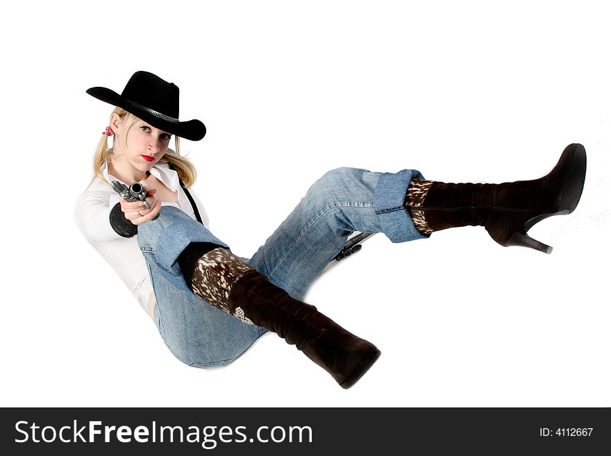 cowgirl with old-fashioned gun