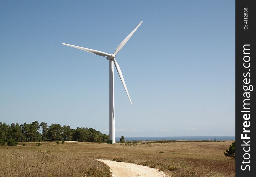 Back is a  blue sky with a wind power generator and trees.