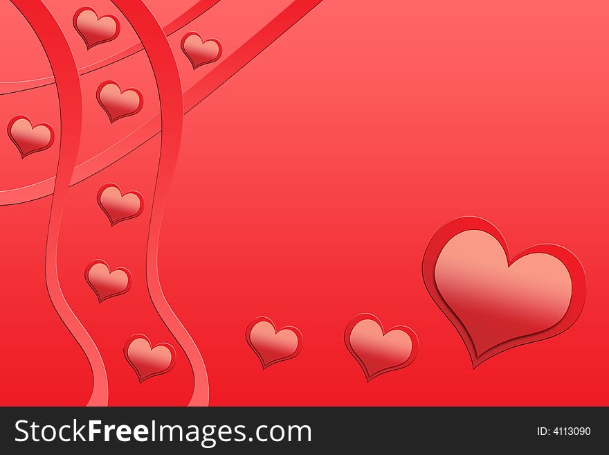 Illustration of flowing red hearts on a gradient background. Illustration of flowing red hearts on a gradient background