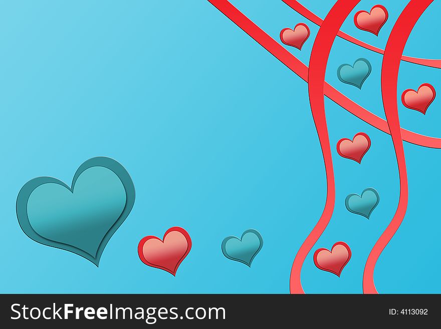 Illustration of flowing red and blue hearts on a gradient background. Illustration of flowing red and blue hearts on a gradient background