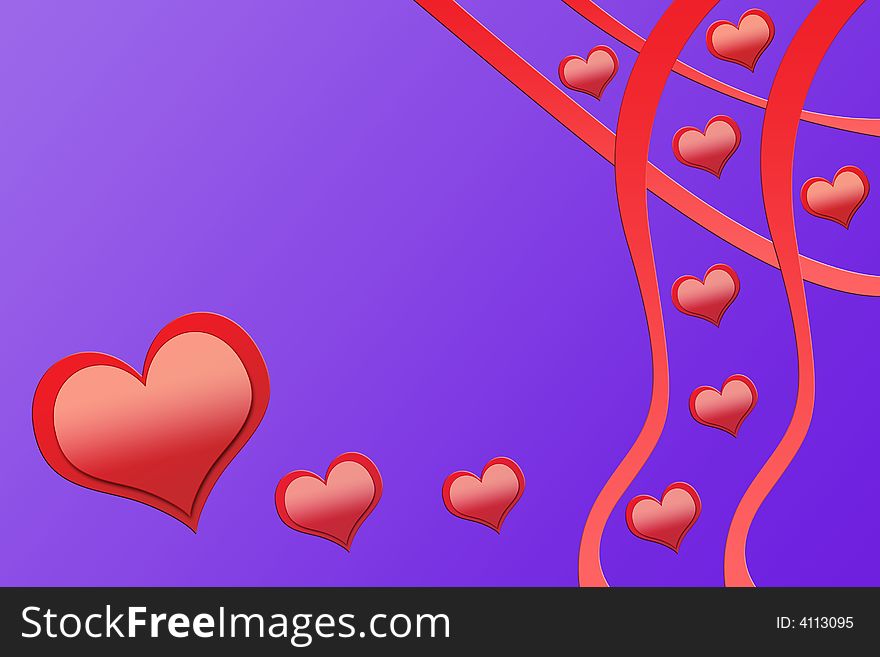 Illustration of flowing red hearts on a gradient background. Illustration of flowing red hearts on a gradient background