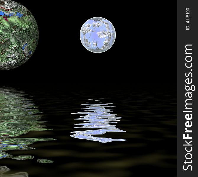 Two large planets reflecting over smooth waves on water. Two large planets reflecting over smooth waves on water