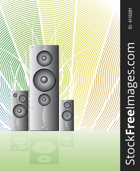 Three Music Speakers On A Rainbow Lined Background