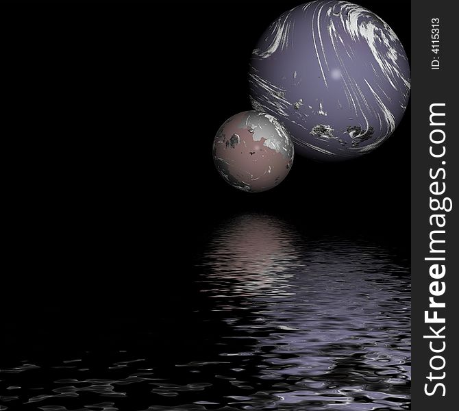 Two large planets reflecting over smooth waves on water. Two large planets reflecting over smooth waves on water