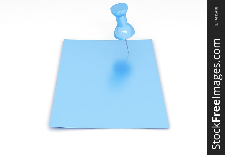 Clear sheet of paper of blue color attached pushpin to a white wall. Clear sheet of paper of blue color attached pushpin to a white wall