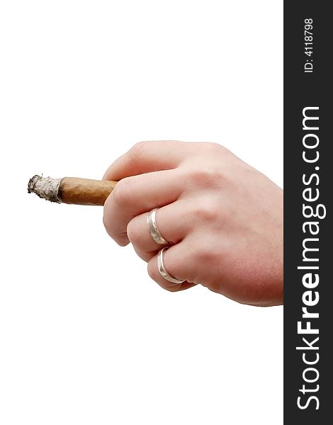 Hand holding a cigar smoking isolated over white