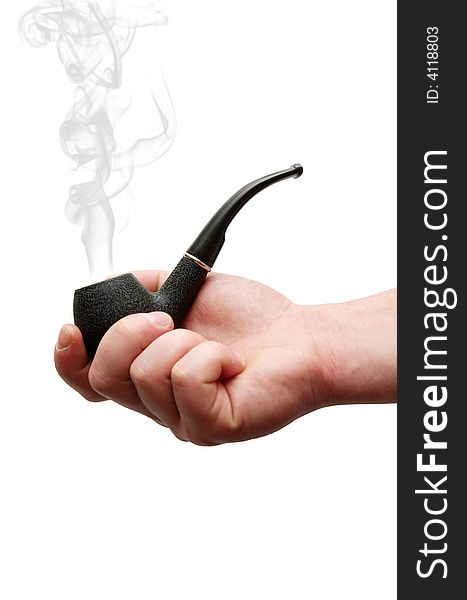 Hands holding tobacco-pipe isolated