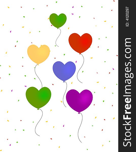 Colorful hearts balloons with falling confetti. Colorful hearts balloons with falling confetti