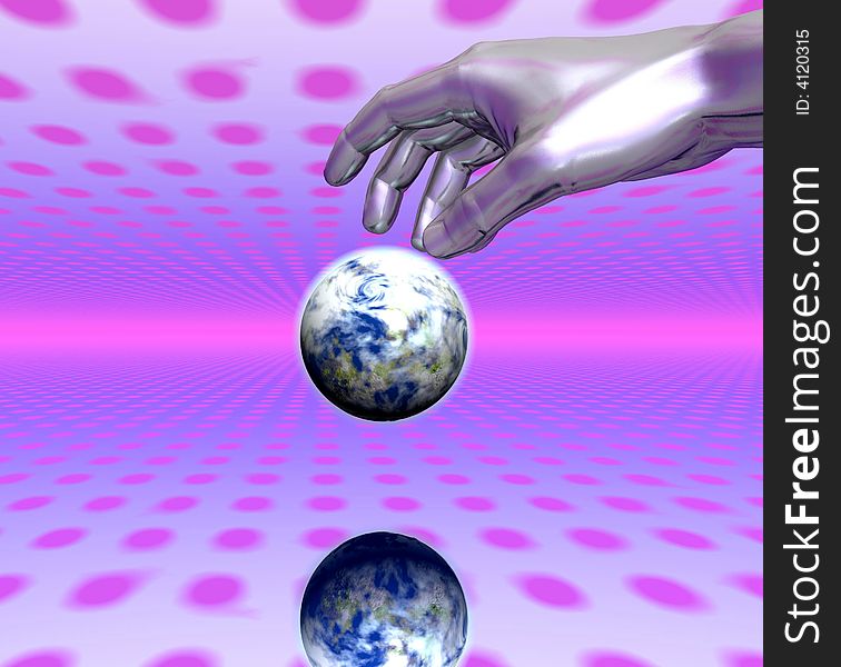 Silver hand and globe over mirror surface - digital artwork.