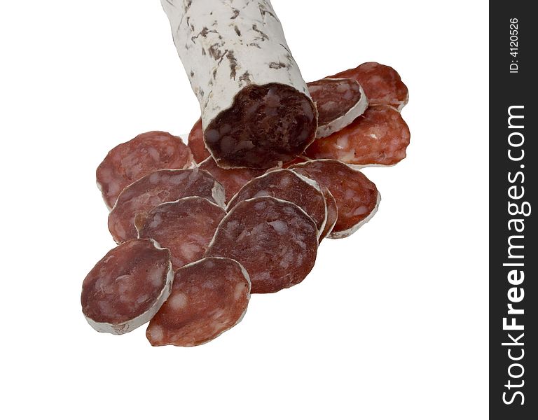 Slices of summer sausage on white backgrounds