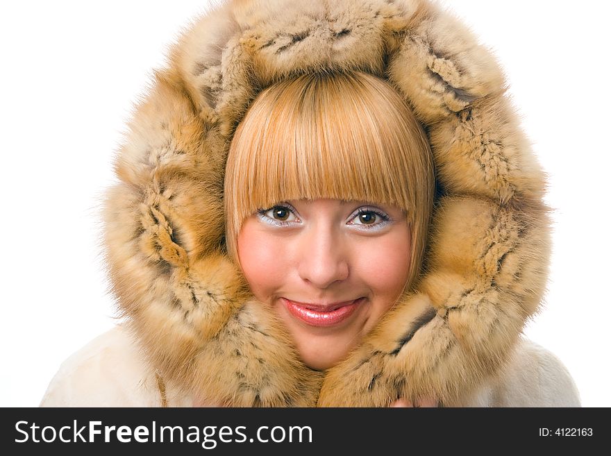 Woman in fur over white background