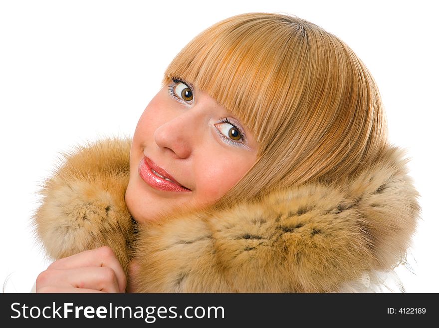 Woman in fur over white background