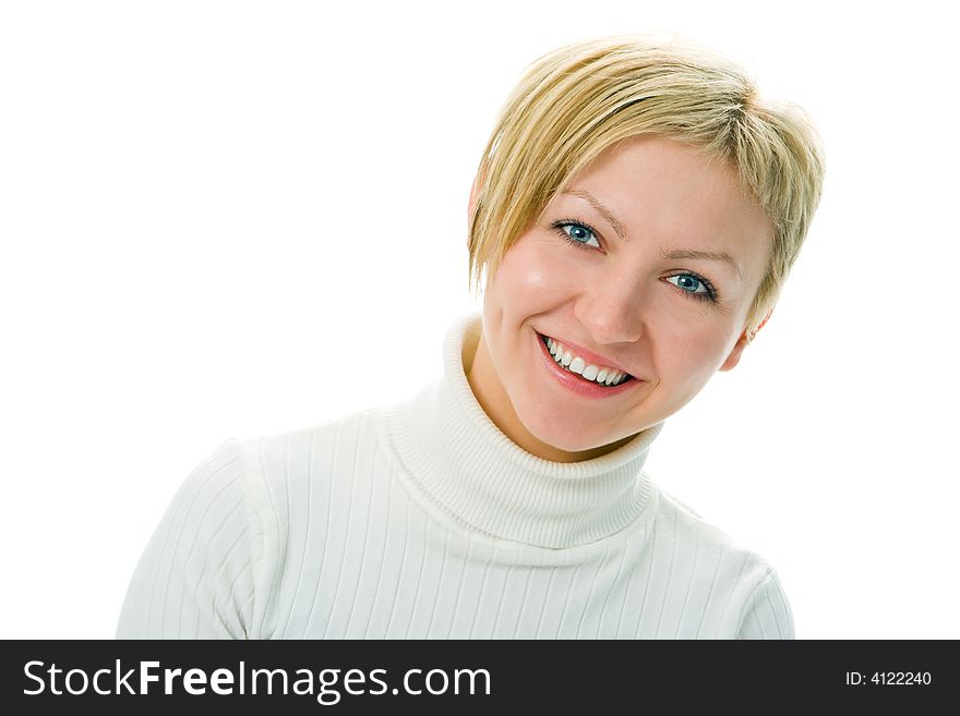 Portrait young woman over white