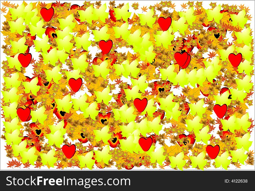 Colorful background with hearts and autumn 
leaves