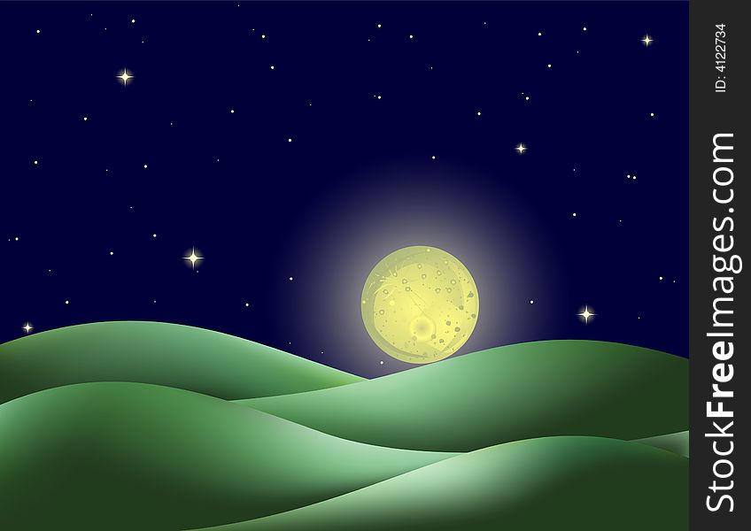 Nightsky with full moon and twinkly stars over hills. Nightsky with full moon and twinkly stars over hills