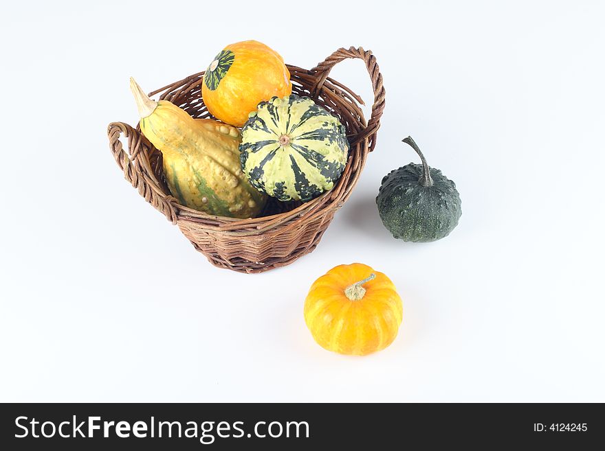 Mini pumpkins in a basket on a white