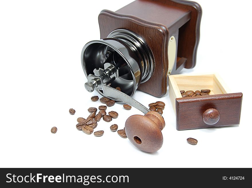 Coffee grinder with beans isolated on white. Coffee grinder with beans isolated on white
