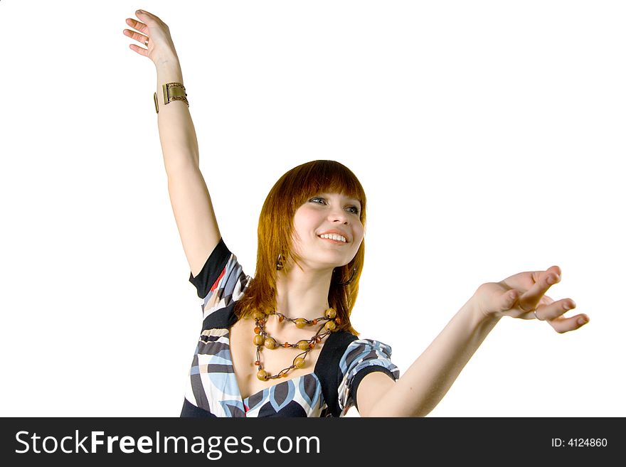 Young smiling woman dancing. Isolated on white background.