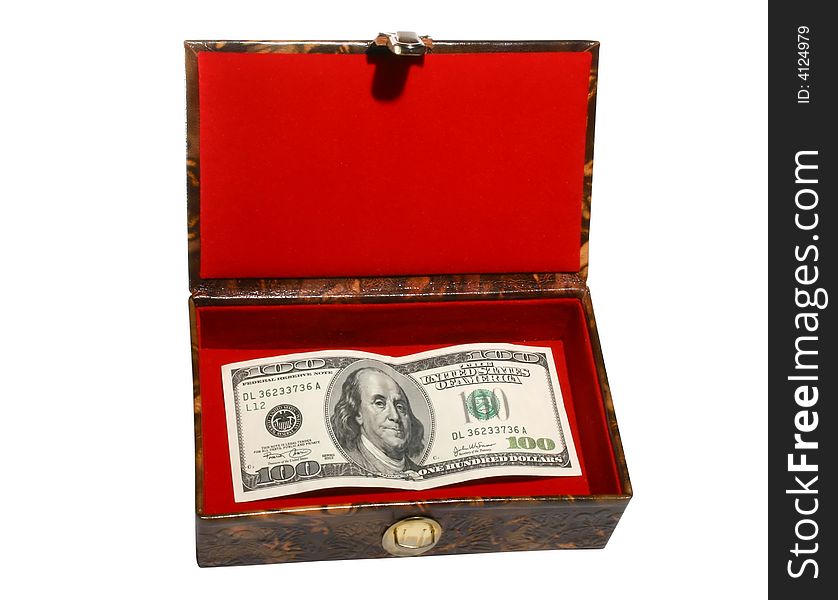 Red casket with 100 dollar banknote. Red casket with 100 dollar banknote