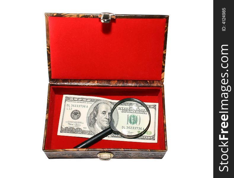 Red casket with 100 dollar banknote. Red casket with 100 dollar banknote