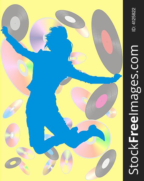 The girl jumps on a background of disks. The girl jumps on a background of disks
