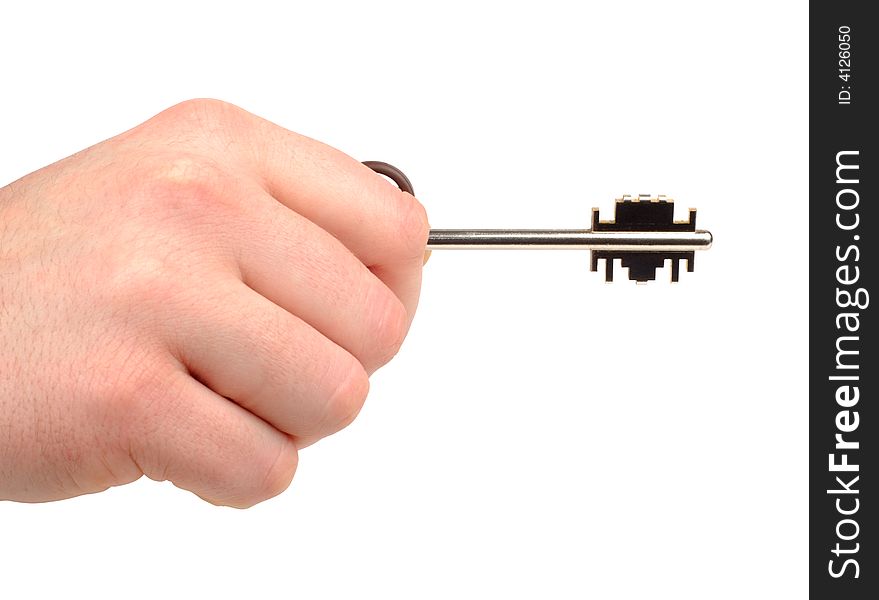 Male hand with key opening something isolated with clipping path over white background. Male hand with key opening something isolated with clipping path over white background