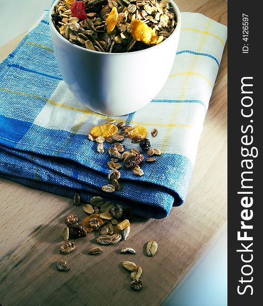 A bowl of breakfast cereals in a kitchen