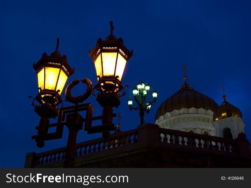 Evening lanterns shine the Cathedral of Christ the Saviour (Russia, Moscow)