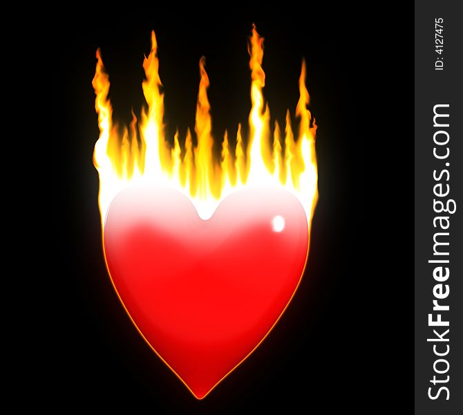 A rendering of a 3d heart enveloped by flames on a black background. A rendering of a 3d heart enveloped by flames on a black background