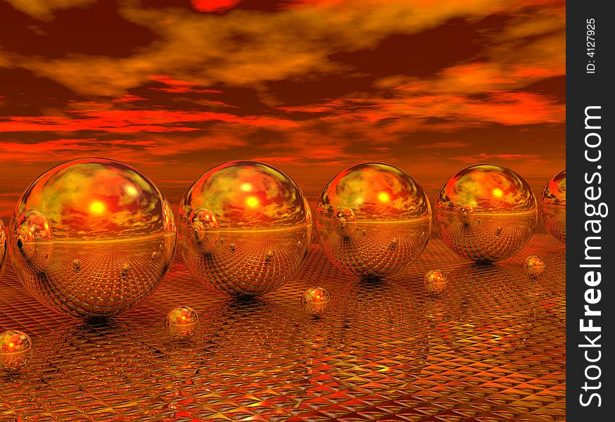 Mirror balls reflecting on a mirror surface - digital artwork.