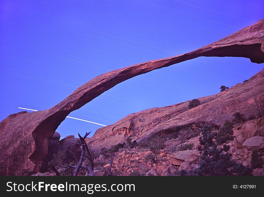 Landscape Arch with Star Trails in Arches National Park.