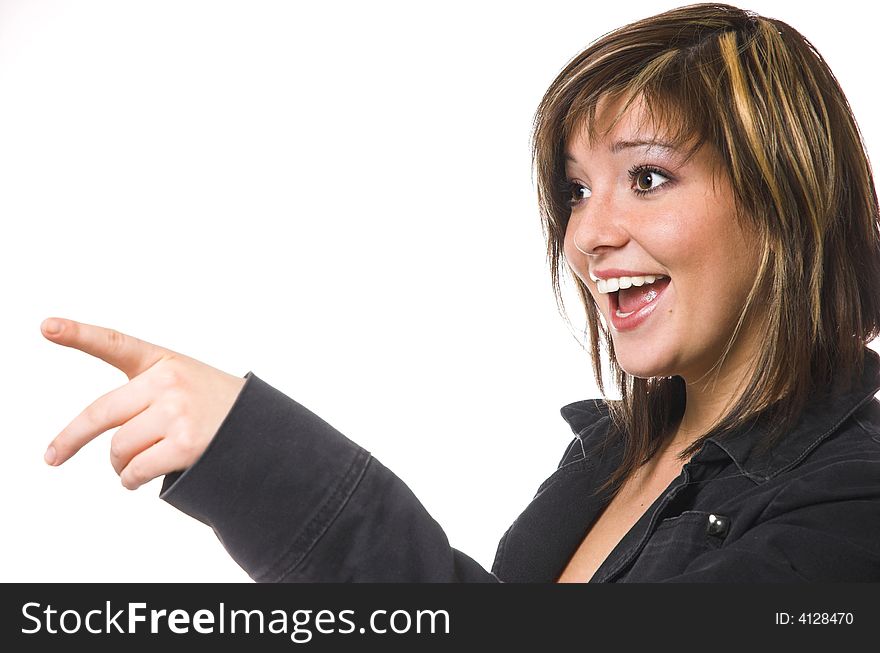 The shouting woman with the stretched hand on a white background