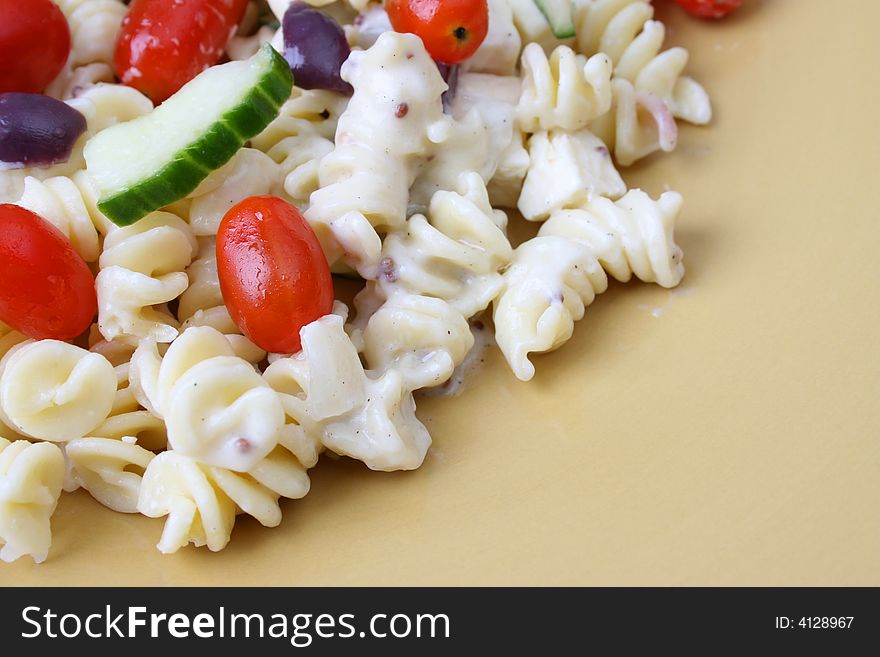 Cold Pasta Salad with tomatoes, cucumbers and olives