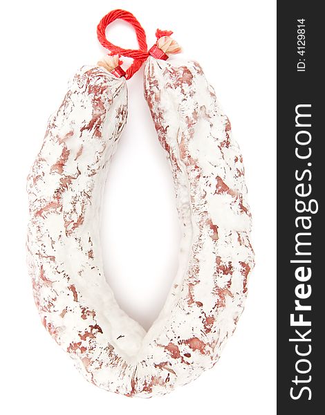 French gourmet salami. White background.