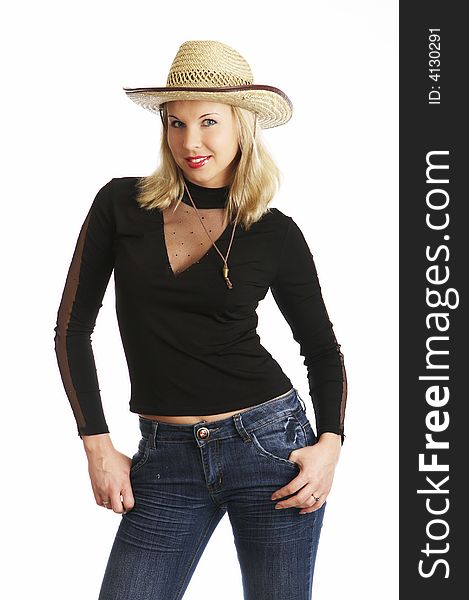 woman in a straw hat isolated on white. woman in a straw hat isolated on white