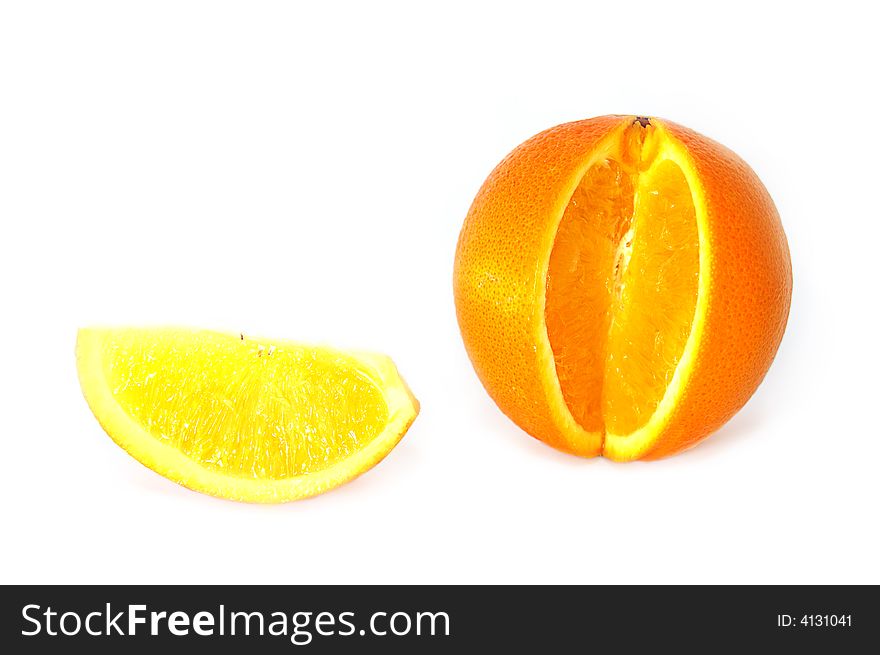 Sweet orange and its slice isolated on white