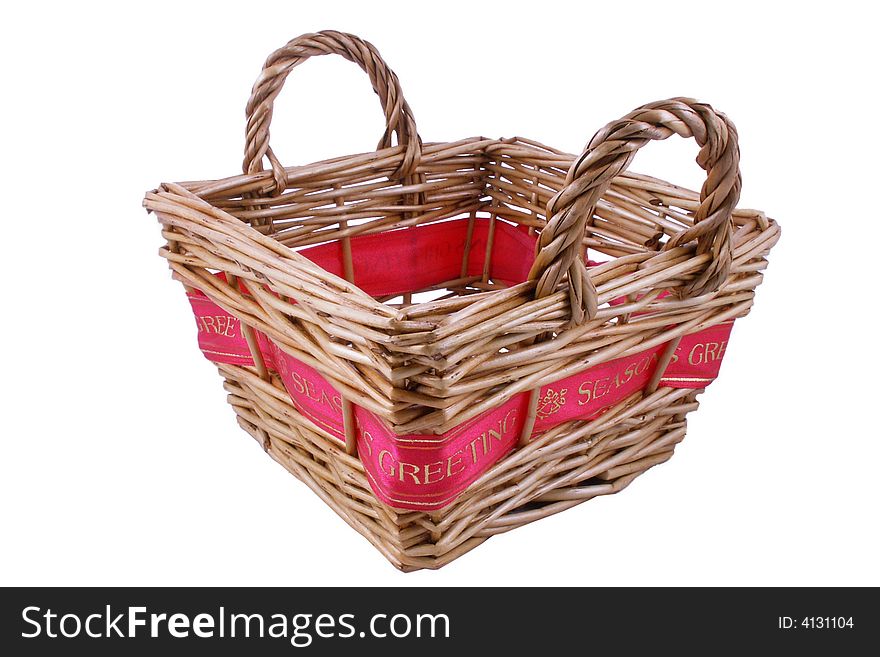 Basket with red greetings ribbon. Basket with red greetings ribbon