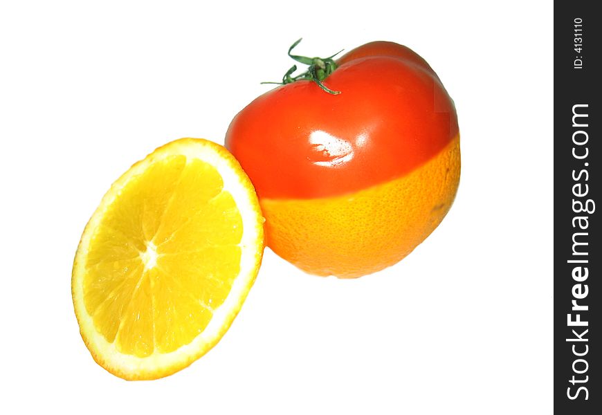 The lemon plus a tomato and a segment of a lemon is a composition from vegetables and a lemon by means of photo processing photos