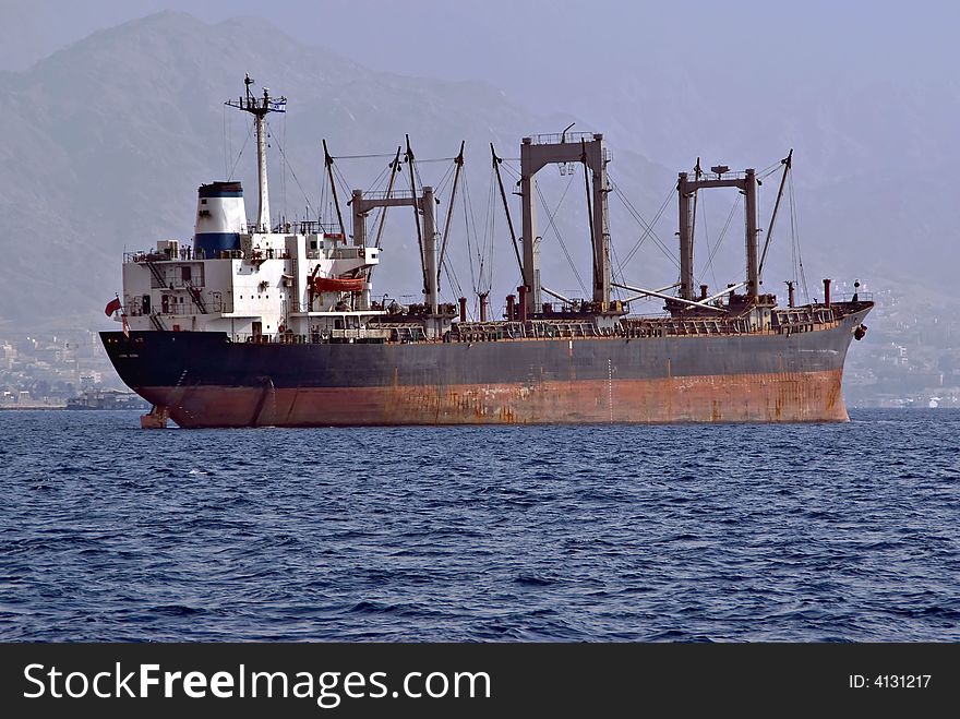 Cargo ship anchored in a port